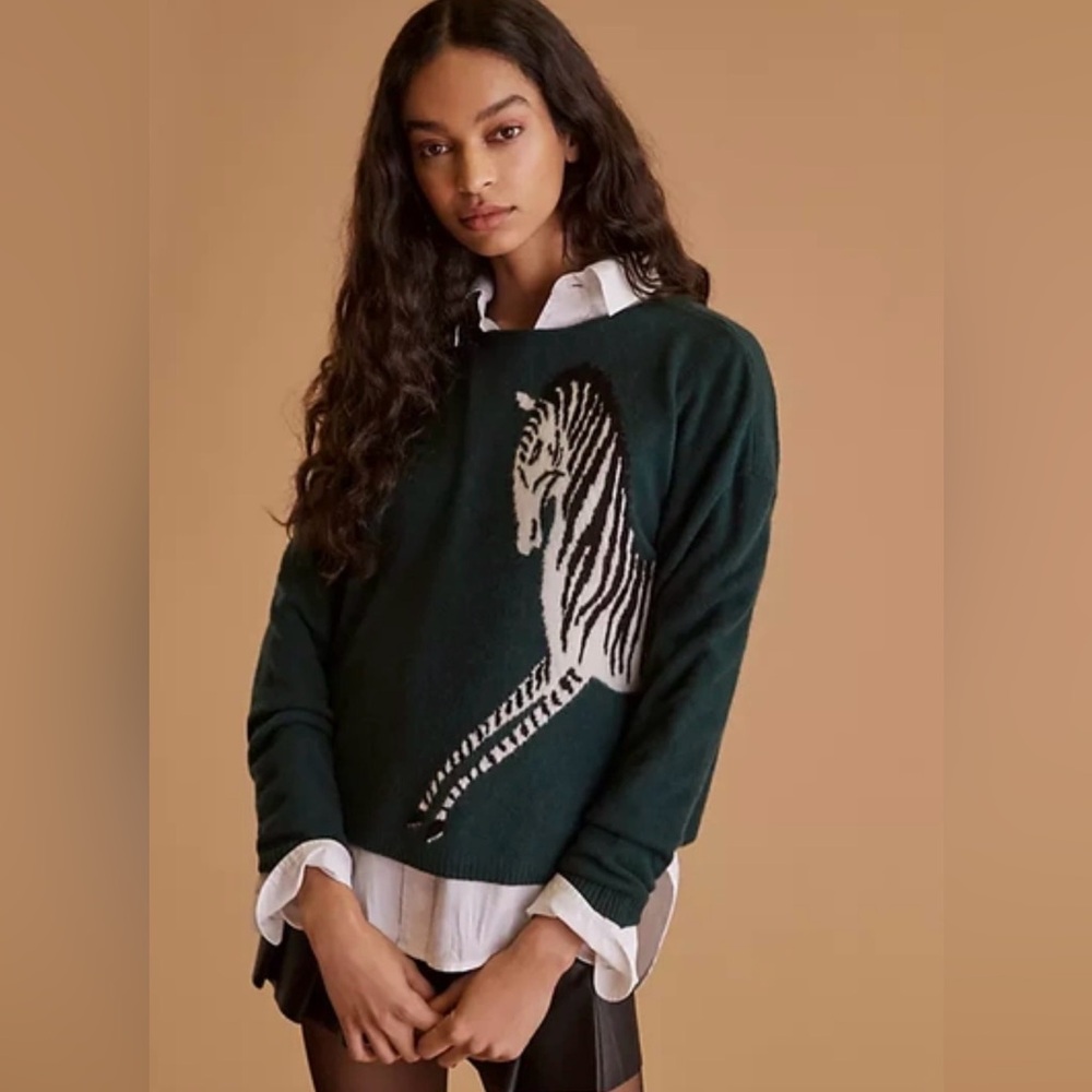 Anthropologie Maeve Zebra Intarsia Cashmere Sweater Emerald Green